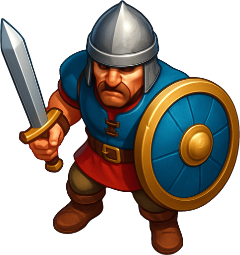 Kılıç ve kalkanlı çağı saldırı askeri, Gerçekçi, kuş bakışı görünüm, yazısız..
In-Game asset.  High contrast.  No shadows, renkli 3d olsun.