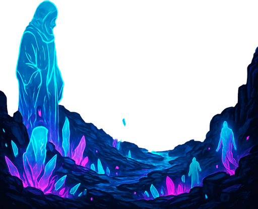 Neon cyberpunk manga subterranean underground tunnels crystal caverns glowing huge ancient technology ruins futurustic underworld holograms spirits projections magical dimension cave background image deep caverns majestic background scene landscape tech purgatory catacombs maze Backdrop