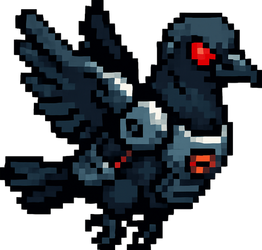 Pixel art of an evil pigeon with robotic parts, red glowing eyes, and tiny armor. Flying pose, side view, 2D pixel sprite for an arcade game.
In-Game asset.  2d.  High contrast.  No shadows
