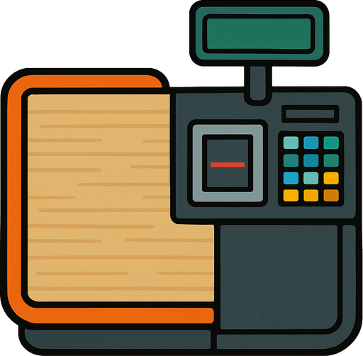 Üzerinde meyve, sebze gibi ürün bulundurmayan; market kasa bankosu. Üstten görünüm..
In-Game asset.  2d.  High contrast.  No shadows