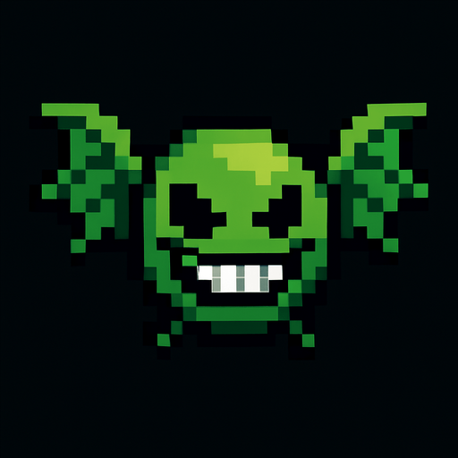 a pixelart flying space enemy. Green color, scary smiley face.
In-Game asset.  2d.  High contrast.  No shadows