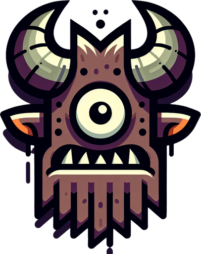 monster in flat shading style. Monster has chopped off horns and has lazy eye with scary teeth. think black borders
Single Game Texture.  In-Game asset.  2d.  Blank background.  High contrast.  No shadows