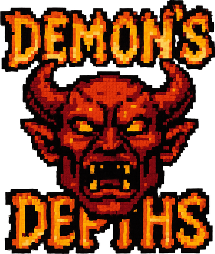 Pixel art logo for a game called ‘Demon’s Depths’. Big demon head with the title of the game split on top and bottom. The words are made of flame. White background
In-Game asset.  2d.  High contrast.  No shadows