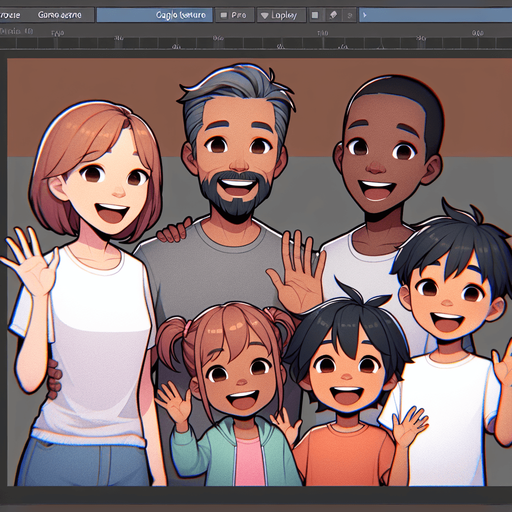 A smiling family waving..
Single Game Texture. In-Game asset. 2d. Blank background. High contrast. No shadows.