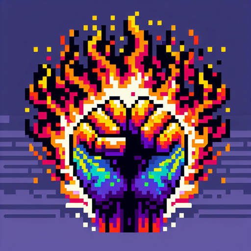 Text SUPER COMBO! Gradient, Fists In fire.
Single Game Texture. In-Game asset. 2d. Blank background. High contrast. No shadows, Detailed Pixel art style