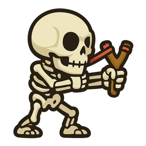 Skeleton facing left with a slingshot.
In-Game asset.  2d.  High contrast.  No shadows