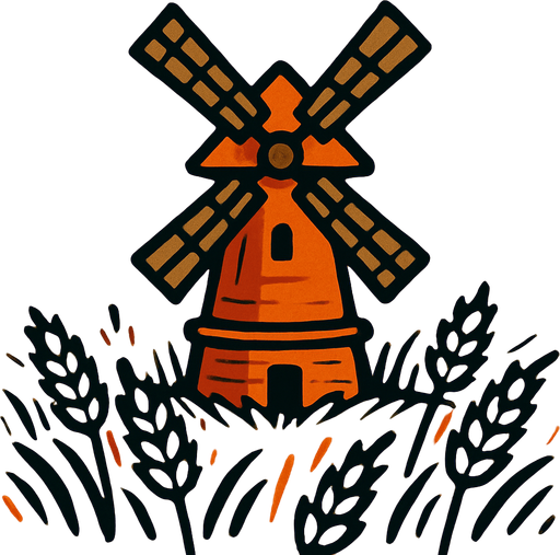 טחנת דגן בלב שדה חיטה עם רקע צהוב.
In-Game asset.  2d.  High contrast.  No shadows