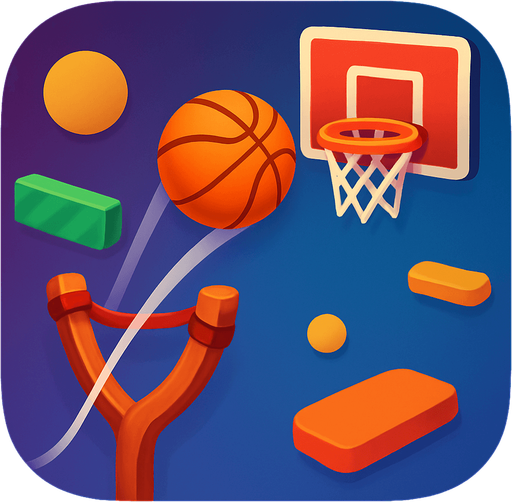 Modern App Store icon, high definition, square with rounded corners, for a game titled "Basket Bounce Challenge" and with the description "A colorful basketball puzzle game with slingshot mechanics across 20 challenging levels. Drag and release the ball to score, progressing from simple shots to complex bank shot puzzles with moving hoops and obstacles.". No text on icon!