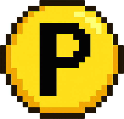 Esfera amarilla con la letra P , pixelart.
In-Game asset.  2d.  High contrast.  No shadows