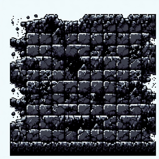 Black stone dungeon wall background. Crumbling top of wall in places.  Slime on bricks. Black holes in walls in places where brick is missing. Infinite repeatable texture for endless scroller. 8 bit pixel art..
Single Game Texture.  In-Game asset.  2d.  Blank background.  High contrast.  No shadows