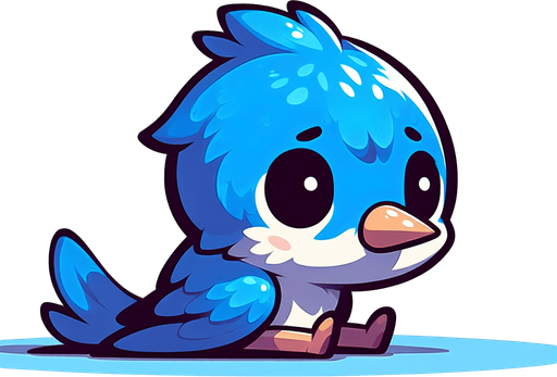 A sad little bluebird sitting down..
Single Game Texture. In-Game asset. 2d. Blank background. High contrast. No shadows.