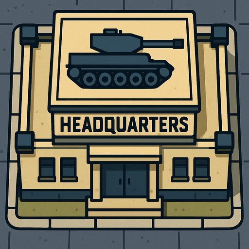 Kuş bakışı acısından bir karargah binası ve çatısımda tank resmi
In-Game asset.  2d.  High contrast.  No shadows