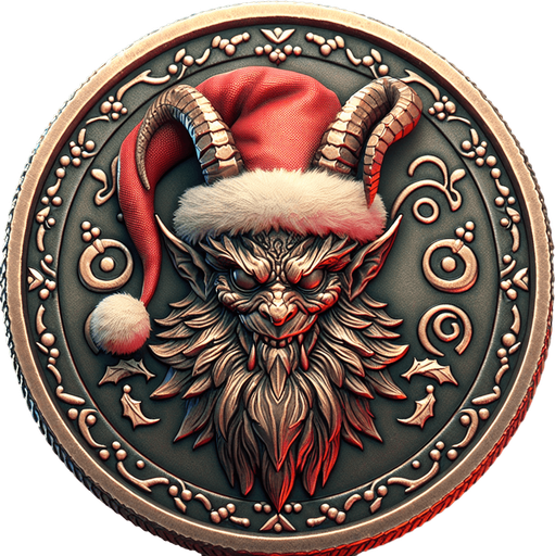 krampus with a christmas hat coin embossed on it png.
Single Game Texture. In-Game asset. 2d. Blank background. High contrast. No shadows.