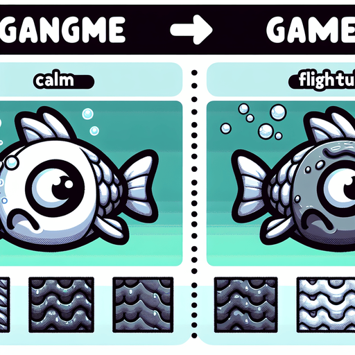 Две версии одной рыбы одна не испуганная другая испуганная 
Анимационом стиле.
Single Game Texture. In-Game asset. 2d. Blank background. High contrast. No shadows.