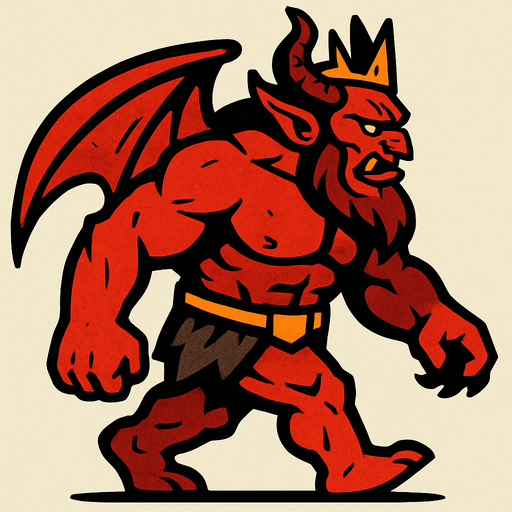 güçlü ve iri yapılı şeytan kral sağdan sola yürüyormuş gibi.
In-Game asset.  2d.  High contrast.  No shadows