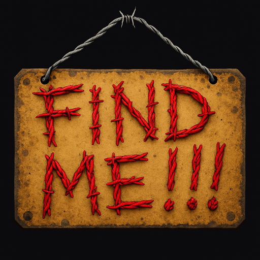 Scary sign have galvanized wires for message with description "find me!!!".red color text
In-Game asset.  High contrast.  No shadows. 3D