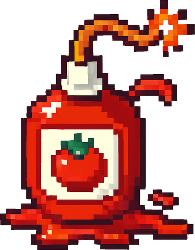 Pixel art of a red ketchup bottle turned into a bomb, with a fuse and tomato sauce leaking out. Small item, cartoonish and fun, pixel style.
In-Game asset.  2d.  High contrast.  No shadows