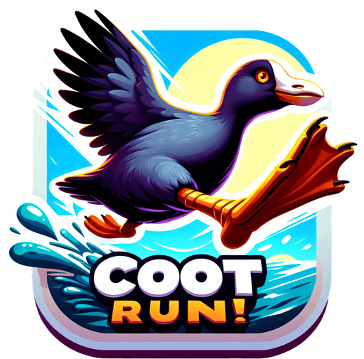 Game icon for a video game called “Coot Run”. Show an American Coot with its wings up and its foot big in the foreground. Show the name of the game big in the center with the coots foot underneath..
Single Game Texture. In-Game asset. 2d. Blank background. High contrast. No shadows.