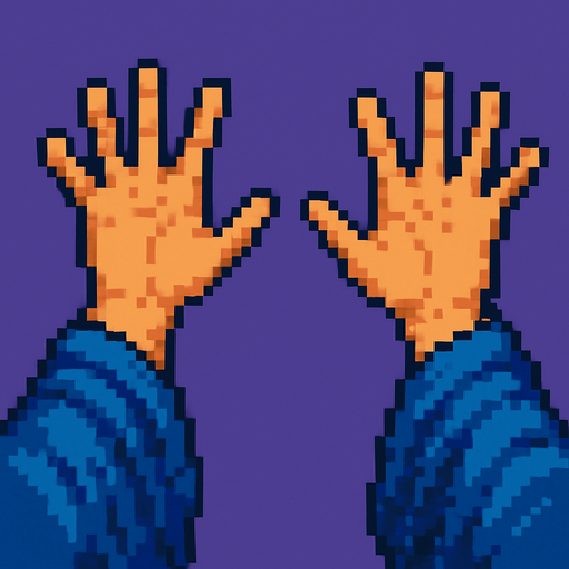 A first person view of set of hands splayed out as if to cast a spell. Facing away. Mystical robes around the wrists.  Pixel art
In-Game asset.  2d.  High contrast.  No shadows