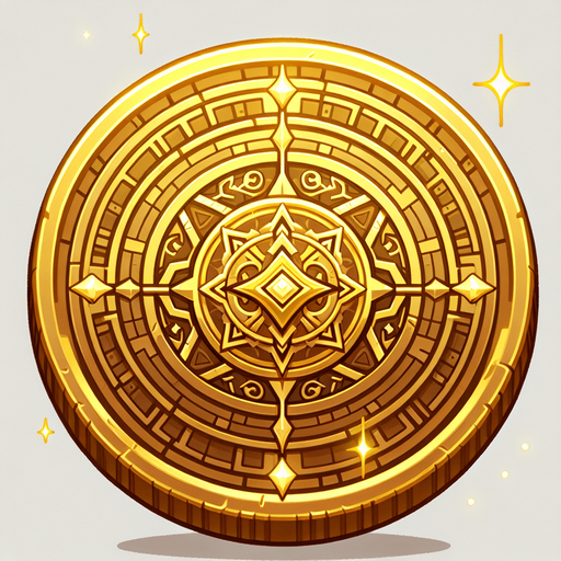 Gold coin with design in the center.
Single Game Texture.  In-Game asset.  2d.  Blank background.  High contrast.  No shadows