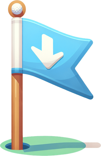 Drapeau de golf avec un flèche vers le bas.
Single Game Texture. In-Game asset. 2d. Blank background. High contrast. No shadows.