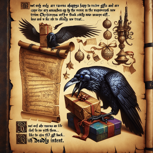 a pergament with a raven stealing a christmas present on the top. At the bottom is the text: "Not only are ravens happy to receive gifts and are appeased by them, they also like to give the gift back... with deadly intent."