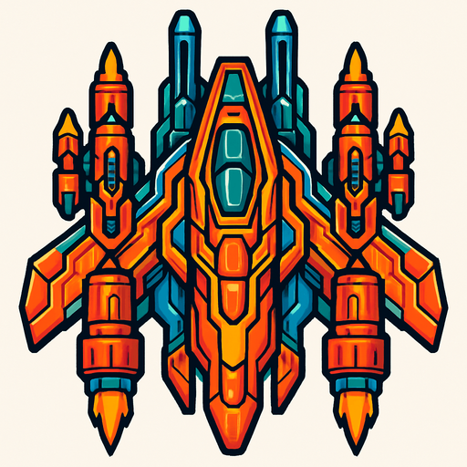 Make it a ship for a space shooting game with intense designing.
In-Game asset.  2d.  High contrast.  No shadows