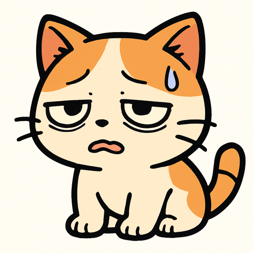 Cute tired cat manga cartoon style.
In-Game asset.  2d.  High contrast.  No shadows