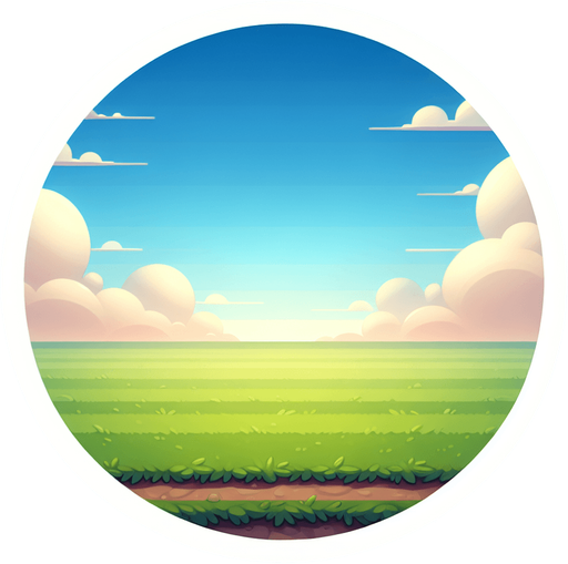 голубое небо, горизонт и зеленое поле.
Single Game Texture. In-Game asset. 2d. Blank background. High contrast. No shadows.