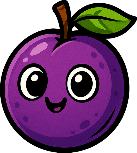 Ciruela Fruta con ojos lindos.
In-Game asset.  2d.  High contrast.  No shadows. Cartoon.