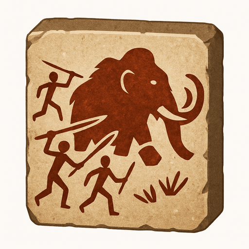 Card packet made out of stone with a Tribal drawing of people Hunting a wolly Mammoth.
In-Game asset.  2d.  High contrast.  No shadows
