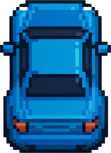 Pixel art mavi araba kuş bakışı.
In-Game asset.  2d.  High contrast.  No shadows