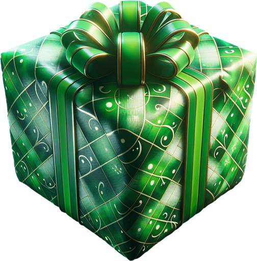 Christmas gift beautifully wrapped in green glowing wrapping paper Single Game Texture. In-Game asset. 2d. Blank background. High contrast. No shadows.
