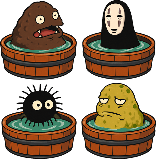 Japanese circle bath have different stink spirits from movie "spirited away". each one per bath. HD colors.
In-Game asset.  2d.  High contrast.  No shadows