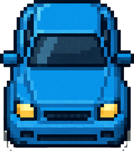 Pixel art mavi araba kuş bakışı.
In-Game asset.  2d.  High contrast.  No shadows