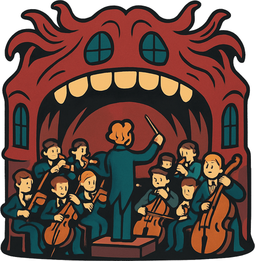 Orquesta de una Sala de Conciertos Viviente.
In-Game asset.  2d.  High contrast.  No shadows