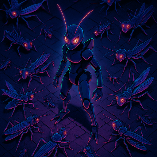 Neon cyberpunk horror anime top down isometric Lokix Nymble robot locusts swarming