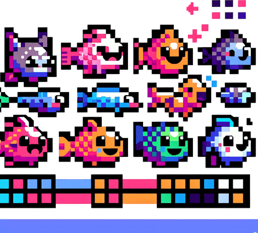 A pallet of 10 different unique fish. 8-bit art style. Fun, happy facial expressions..
Single Game Texture. In-Game asset. 2d. Blank background. High contrast. No shadows.