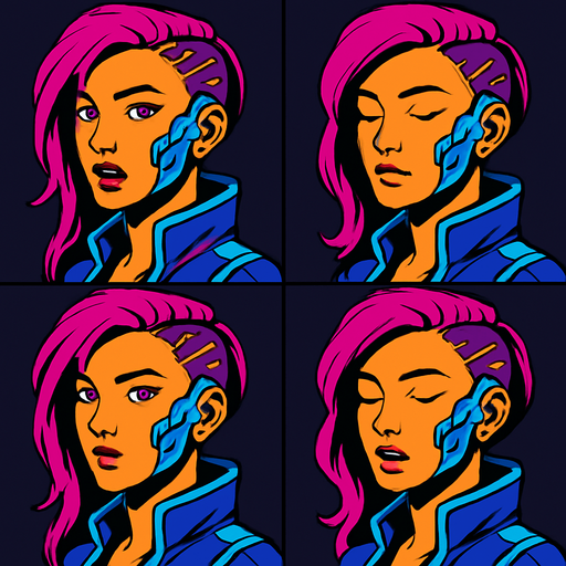 Cyberpunk girl looking to the camera by side, the half upper part of it only not all body, different frames opened eyes opened mouth, closed eyes closed mouth, opened eyes closed mouth, closed eyes opened mouth, each frame in one image.
In-Game asset.  2d.  High contrast.  No shadows