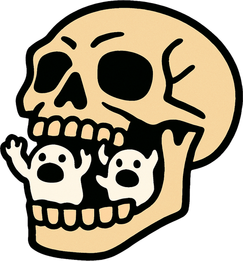 cabeza de esqueleto con montruos blancos en la boca.
In-Game asset.  2d.  High contrast.  No shadows