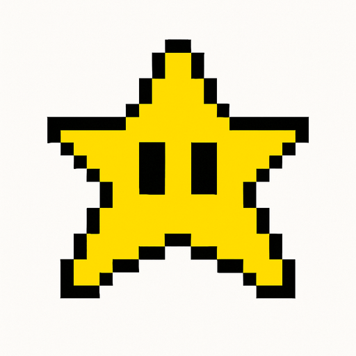 Yellow star with Black eyes style pixel art.
2d.  High contrast.  No shadows