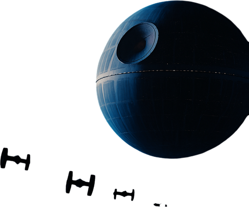 A cinematic sci-fi background set in deep space, featuring the iconic Death Star looming in the distance with dramatic lighting. The foreground includes distant Rebel or Imperial starfighters flying across the stars, with a nebula glowing behind them in shades of blue, purple, and black. The Death Star is partially in shadow, with visible surface details like trenches and superlaser dish glowing faintly. Stars and cosmic dust fill the background, adding depth and realism. The mood is epic and mysterious, perfect for a Star Wars-themed environment. 4K resolution, widescreen layout, concept art style, high detail, suitable as a desktop or game background..
In-Game asset.  2d.  High contrast.  No shadows