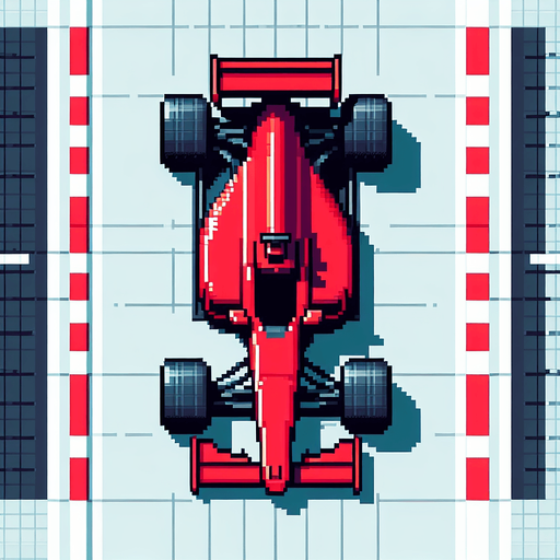 Piksel sanatı formula arabası kırmızı kuş bakışı.
Single Game Texture.  In-Game asset.  2d.  Blank background.  High contrast.  No shadows