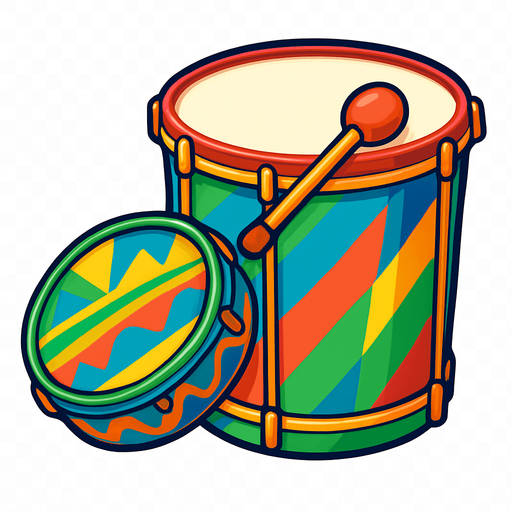 A bright, cartoon-style illustration of Brazilian samba drums including a tamborim and surdo, decorated with carnival colors. Transparent rounded background PNG, optimized for game asset..
In-Game asset.  2d.  High contrast.  No shadows