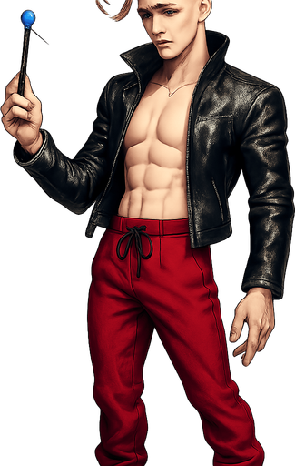 Swishy graceful man Cyberpunk manga, black leather biker jacket longsleeves shirtless Skinny abs blonde undercut pompadour vampire fangs guy, magic gemstone tipped wand, wine red joggers, combat boots, idle animation standing twirling wand, Background removed, "Full-body character, entirely in frame, no cropping of face, head, or feet" "Complete character visible, from head to toe, fully centered in the image" "Entire character, including hair face and boots, fully within the frame" Character fully contained within frame, no edges cut off, fashion model style of vogue magazine