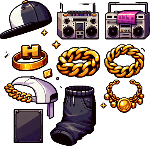 Hiphop free fire bundle.
Single Game Texture. In-Game asset. 2d. Blank background. High contrast. No shadows.