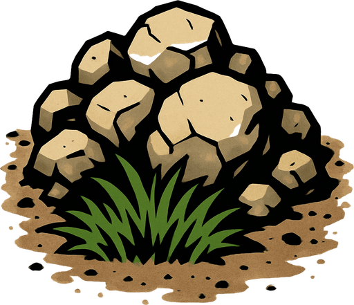 Make a pile of rocks with a grass patch in front of it and dirt scattered.
In-Game asset.  2d.  High contrast.  No shadows