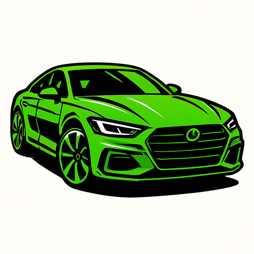 Car image but its head should be on right side not left. Make a fancy car colored green..
In-Game asset.  2d.  High contrast.  No shadows