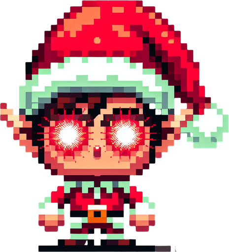 16 bit sprite of a red eyed christmas elf Single Game Texture. In-Game asset. 2d. Blank background. High contrast. No shadows.