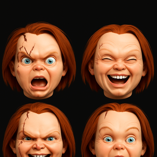 3D Scary and funny face meme chucky. different faces look. face only
In-Game asset.  3D.  High contrast.  No shadows. face only
